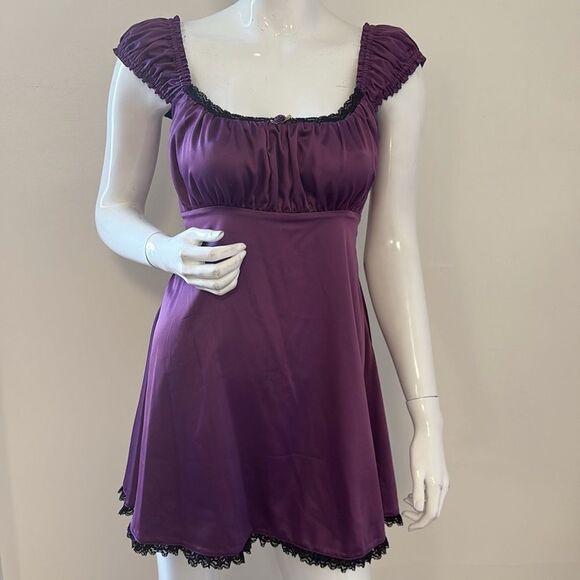 Dolls Kill Dresses & Skirts - Delias x Dolls Kill Purple Satin Puff Sleeve Babydoll Mini Dress Black Lace Trim